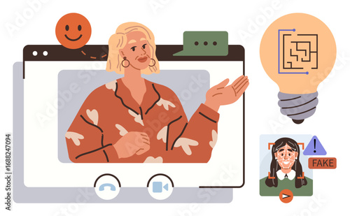 Woman speaking in an online meeting interface, surrounded by thought-provoking icons thumbs up a light bulb, chat bubbles, and a fake news indicator. Ideal for digital communication, education, media