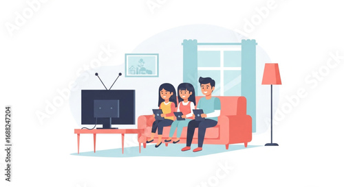 Happy family relaxing at home, watching TV and using tablets together on a comfortable sofa.
