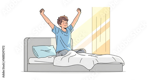 A young man wakes up, stretching his arms while sitting on the bed.
