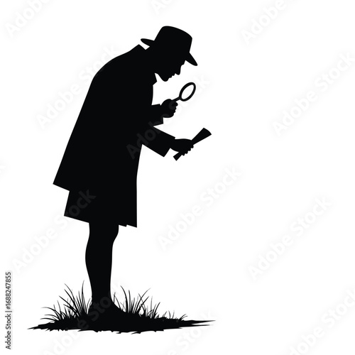 Silhouette of detective with magnifying glass and scroll in grass