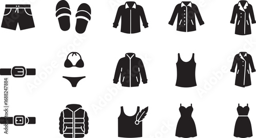 Assortment of clothing and accessory icons including shorts slippers jackets and dresses Keywords: shorts, swim shorts, swim trunks, slippers, house slippers, jacket, puffer jacket, bomber jacket