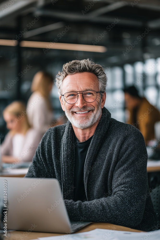 Fototapeta premium Smiling senior professional with laptop in modern office, symbolizing leadership, experience, career growth, corporate success, creativity, technology, and teamwork.