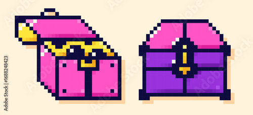 Pixel art game color treasure chest. 