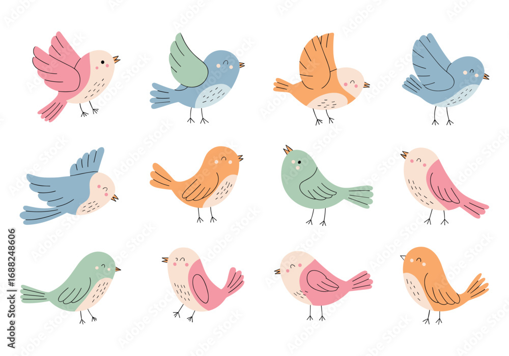 Obraz premium Twelve Cute Hand- Drawn Birds in Various Poses on White Background cartoon illustration