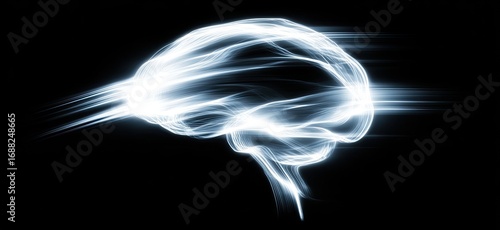 Abstract illustration of a brain, light blue lines and streaks against black background
