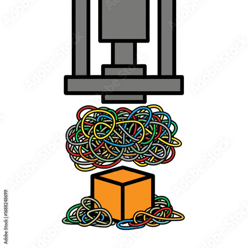Hydraulic Press Crushing a Pile of Colorful Rubber Bands Above Orange Cube Isolated on White Background
