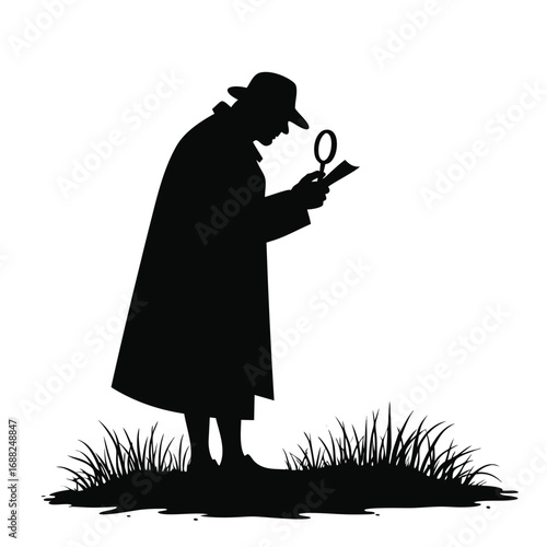 Silhouette of detective with magnifying glass examining paper