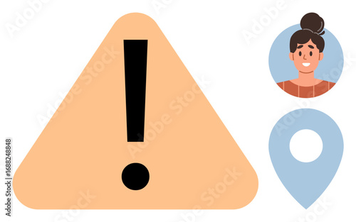 Triangular warning sign with exclamation, woman s profile avatar, and map location marker. Ideal for safety, alerts, user notifications, location services, user interface, navigation simple flat