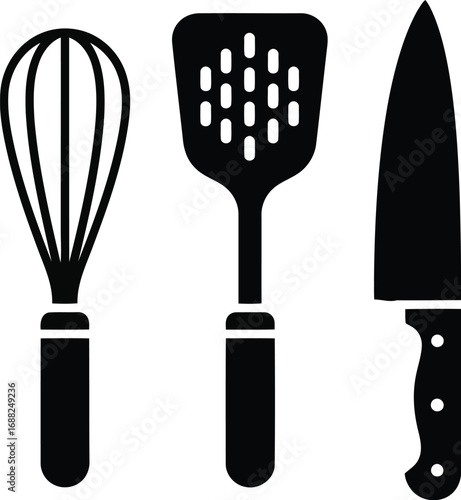 Kitchen utensils silhouette collection whisk spatula knife cooking tools graphics vector
