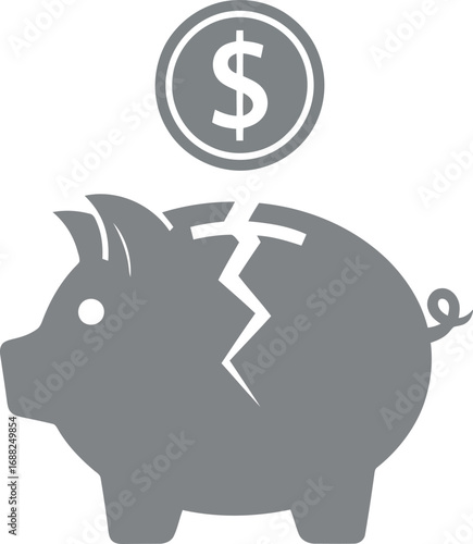 Piggy bank symbol with cracked surface and dollar coin above representing financial crisis or savings risk vector