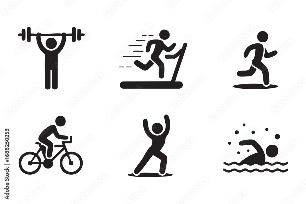Fototapeta premium Sports and workout icons collection with stretching, jogging, and cardio exercises
