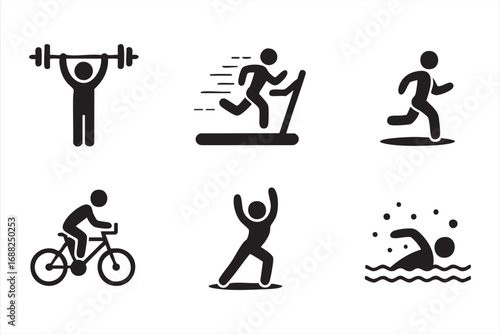 Sports and workout icons collection with stretching, jogging, and cardio exercises
