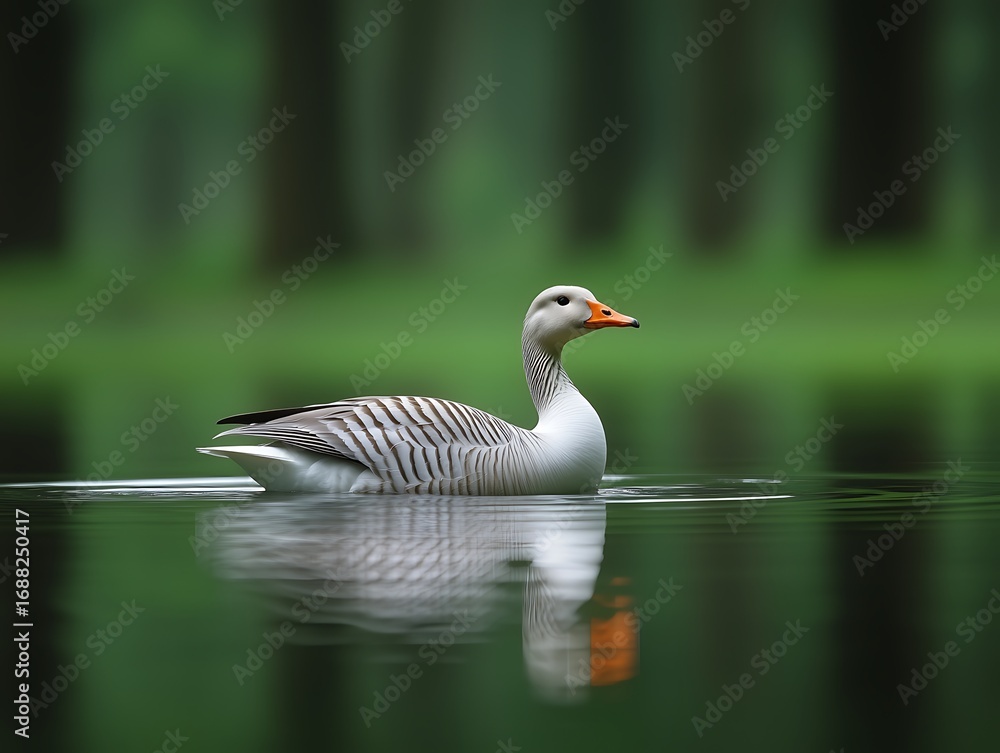 Fototapeta premium Lonely Swan Swimming Gracefully on Water, White Feathers with Stripes & Orange Beak, Clear Water Reflection, Verdant Forest Green Leaf Background