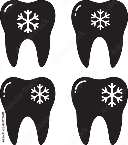 Four black tooth silhouettes with snowflakes silhouette