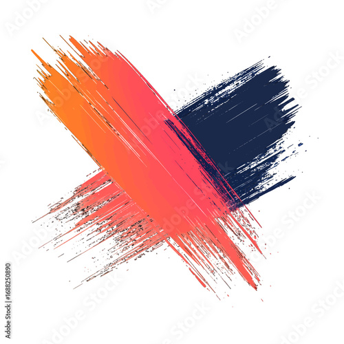 Abstract Crossing Brush Strokes in Orange Coral and Dark Blue on White Background