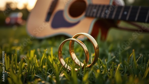 wedding rings and guitar in the background