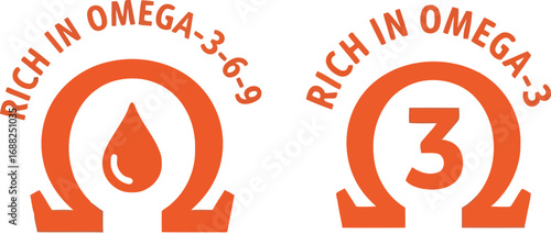 Omega 3 6 9 rich nutrition health symbol with drop and number 3 icons isolated vector