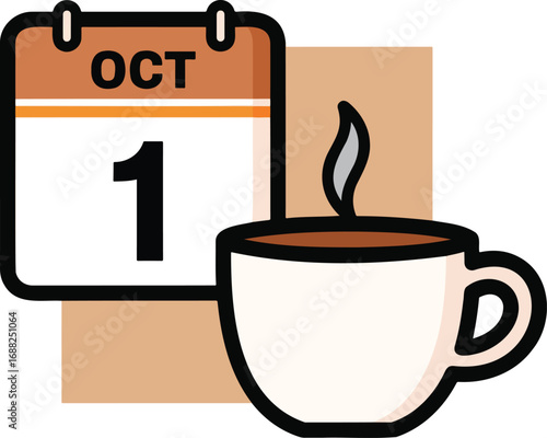 Vector icon set of World Coffee Day and autumn season. Includes coffee mugs, pumpkin spice latte, beans, café tools, latte art with fall leaves. Flat style with bold outline.