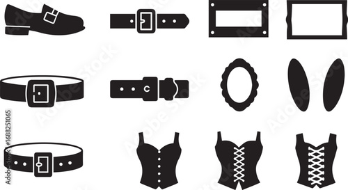 Black Silhouette Icons of Shoe, Belts, Frames, and Corsets on White Background loafer buckle