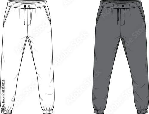 Jogger pants flat sketch, CAD drawing vector illustration, fashion technical template of sweatpants with drawstring waist, ribbed cuffs, side pockets