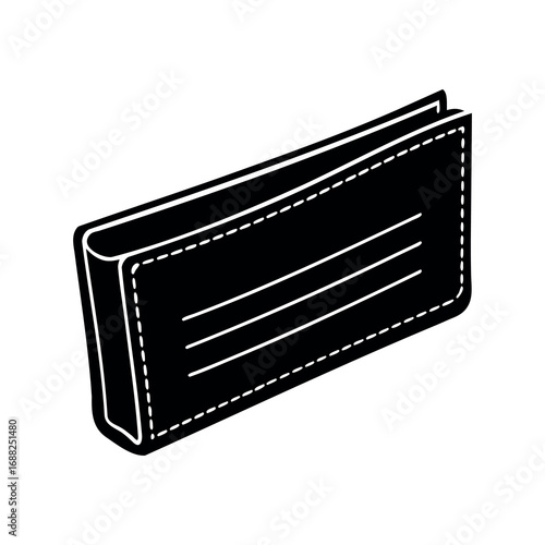 Stylized Black Wallet Illustration with Stitching and Horizontal Lines for Cards