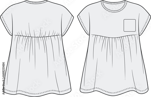 Flat vector fashion sketch of a short sleeve gathered baby doll dress with pocket, front and back CAD technical drawing.