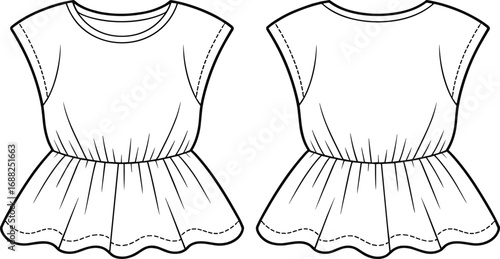 Flat vector CAD drawing of sleeveless girls top with elastic waist and wavy hem, children fashion sketch, technical apparel illustration