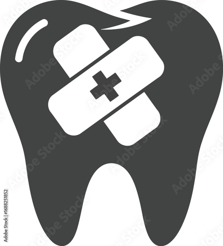 Dental care icon illustrating tooth injury with medical plaster bandage for oral health treatment vector