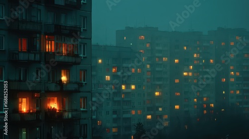 Wallpaper Mural Mysterious Night in an Urban Environment with Dimly Lit Apartment Windows and Fog Surrounding High-rise Buildings Torontodigital.ca