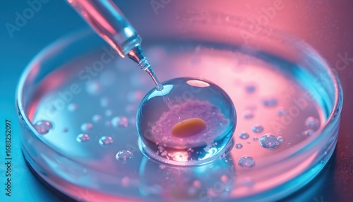 In vitro fertilization process with petri dish, pipette. Scientific laboratory research shows cell cultivation, genetic biology. Focus on microscopic ovum development, health care fertilization.