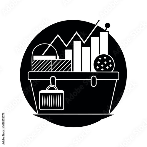 Monochrome illustration of toolbox filled with diverse elements and abstract symbolisms