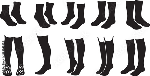 Black Sock Silhouettes with Various Styles and Lengths Keywords: socks, hosiery, footwear, clothing, apparel, fashion, black, silhouette, ankle socks, crew socks, knee-high socks, thigh-high socks