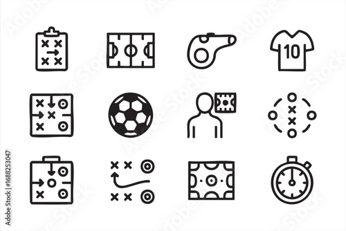 Soccer strategy icons set with playbook, field, whistle, and coaching symbols
