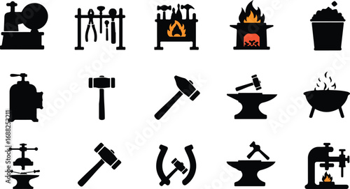 Blacksmithing Tools and Equipment Icons Set on White Background Keywords: blacksmith, forge, anvil, hammer, tongs, horseshoe, tools, metalworking, craft, industry, workshop, equipment, silhouette