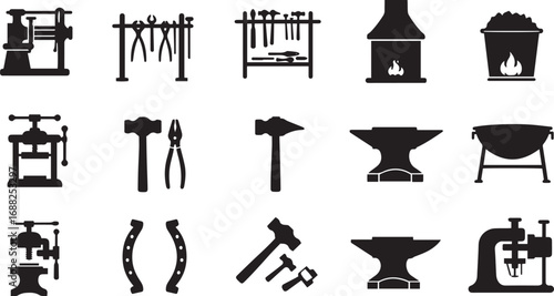 Blacksmithing Tools and Equipment Icons Set on White Background Keywords: blacksmith, forge, anvil, hammer, tongs, horseshoe, tools, metalworking, craft, industry, workshop, equipment, silhouette