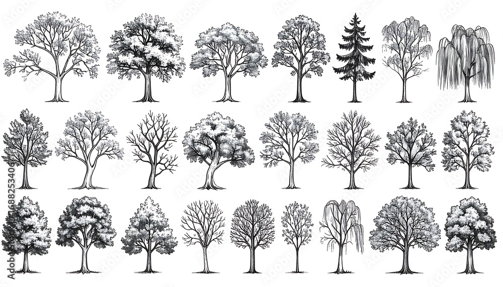 Fototapeta premium Collection of detailed black and white tree illustrations
