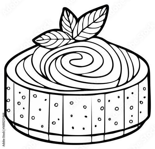 Festive Cake Decoration with Swirled Topping and Leaves Black and White Line Art