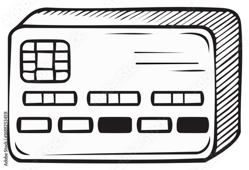 Hand drawn credit card illustration with chip in doodle sketch style
