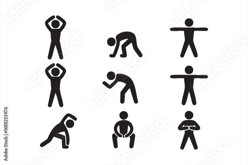 Exercise icons set with stretching, warm up, and aerobics silhouette pictograms