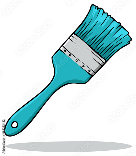 Turquoise paint brush tool with bristles and metal ferrule on white background