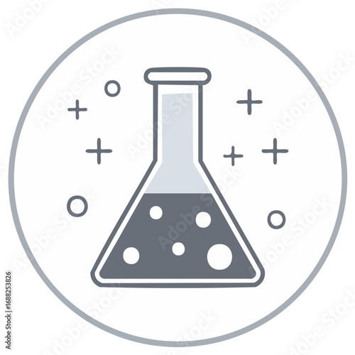 Science Beaker with Liquid and Floating Bubbles Surrounded by Plus and Circle Shapes, Symbolizing Scientific Experimentation