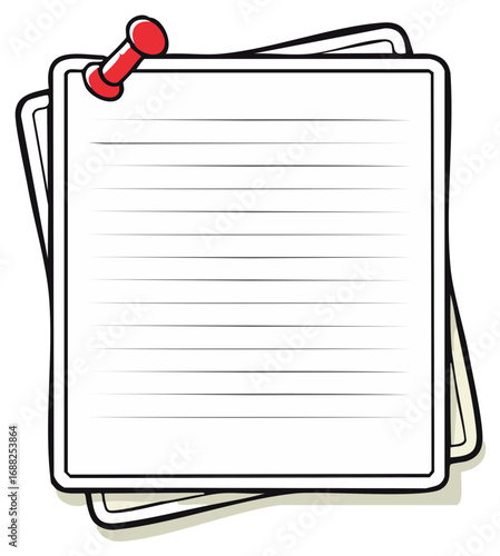 Note paper pinned up, memo sheets, to-do list and red pin. Illustration, white lined paper reminder for office, school.