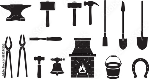 Blacksmithing Tools and Equipment Icons Set on White Background Keywords: blacksmith, forge, anvil, hammer, tongs, horseshoe, tools, metalworking, craft, industry, workshop, equipment, silhouette