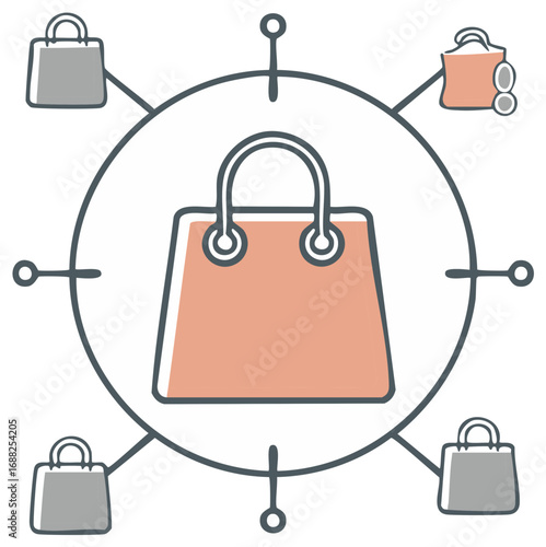 Shopping network concept with central retail bag surrounded by connected smaller shopping bags