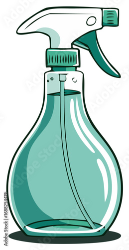 Teal spray bottle illustration with cleaner liquid for household cleaning or plant watering
