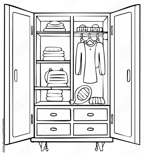 Outline illustration of an open wardrobe with clothes, backpack, tennis racket, and drawers