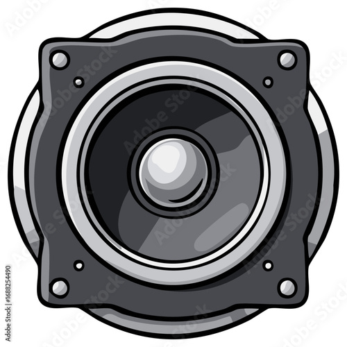 Audio speaker in gray and black design with rounded shape and square outer edge, illustration, object, stereo