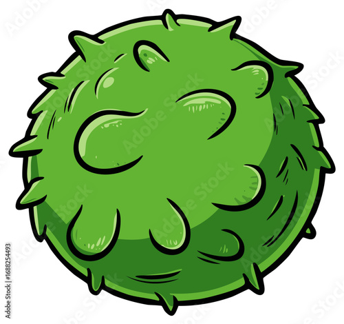 Cartoon green spiky virus microbe or germ with round body and smooth highlights