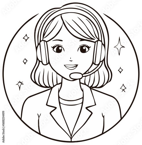 Friendly Call Center Agent Woman with Headset Line Art Illustration