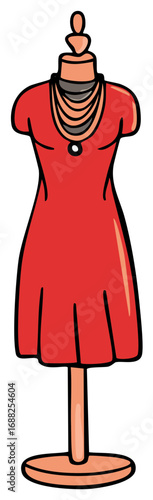 Red dress displayed on a mannequin with a beaded necklace and round neckline